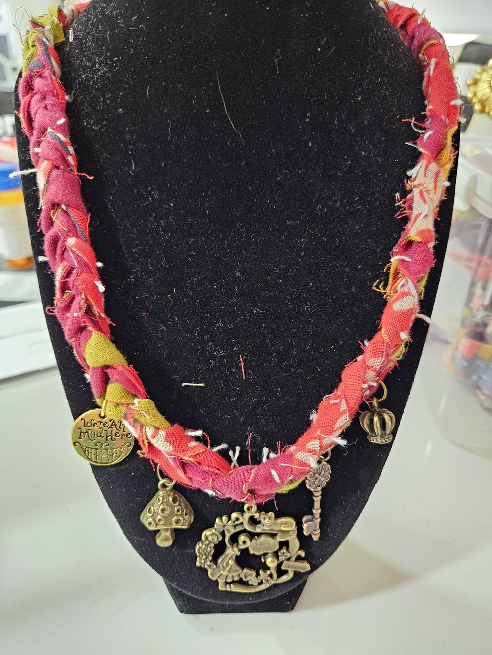 Handmade Alice In Wonderland Kantha Fabric Charm Necklace